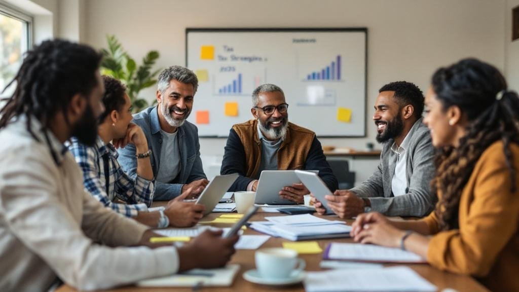 diverse people discussing taxes