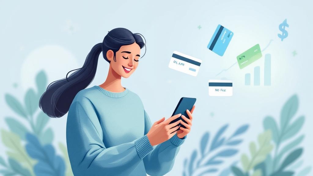 A clean and modern financial-themed digital illustration showing a person happily managing credit card payments on a smartphone. The background includes floating credit cards labeled “0% APR,” “No Fee,” and “Balance Transfer,” with upward-trending graphs and dollar signs symbolizing debt reduction and financial success. Soft blue, green, and white color palette for a calm and trustworthy tone. Flat vector style with minimalistic icons and smooth gradients. Professional and SEO blog-friendly composition.
