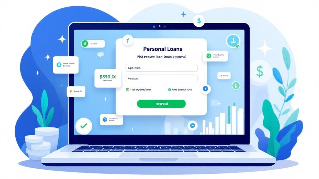 An attractive and professional featured image for a blog post about online personal loans with instant approval. The image should feature a modern, digital theme with a clean design. Include visual elements like a smartphone or laptop screen displaying a personal loan application process, approval notifications, and a fast, seamless workflow. Add icons like dollar signs, credit score symbols, and approval checkmarks to represent financial transactions. Use a color scheme with blue, green, and white for trustworthiness and simplicity. The image should feel modern, tech-savvy, and user-friendly, reflecting convenience and quick financial solutions.