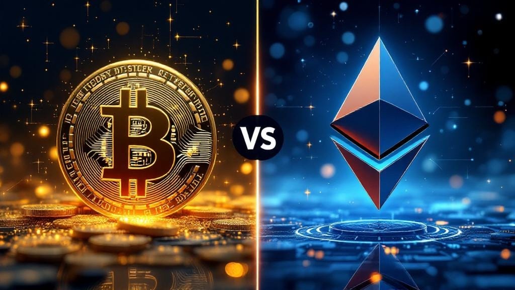 A visually engaging and professional image representing a comparison between Bitcoin and Ethereum for a blog post. On the left, showcase the iconic Bitcoin symbol with a background of digital gold or financial stability. On the right, display the Ethereum symbol with a backdrop of futuristic technology, blockchain networks, and decentralized applications (dApps). Include subtle visuals of smart contracts, DeFi, and a modern, digital landscape. Ensure the image conveys the key theme of innovation, investment, and blockchain technology. The overall tone should be clean, tech-focused, and modern.